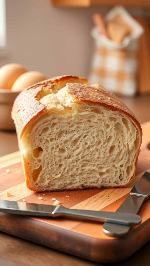A golden brown gluten-free bread loaf sliced on a wooden board with a butter knife.
